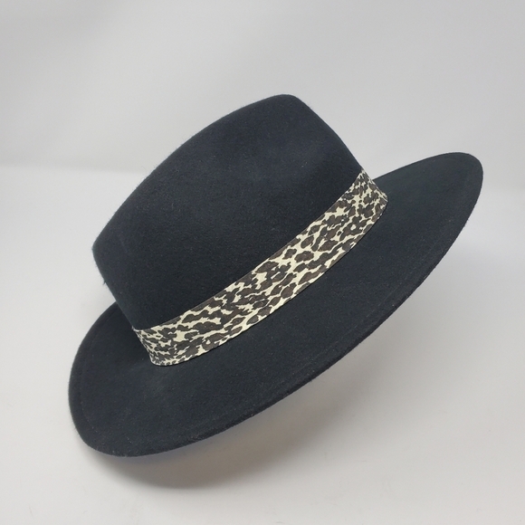 NINE WEST BLACK FEDORA HAT 100% WOOL CHEETAH PRINT BAND WOMEN OS - Picture 6 of 13